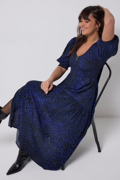 Navy Leopard Ray Shirred Zip Detail Midi Dress