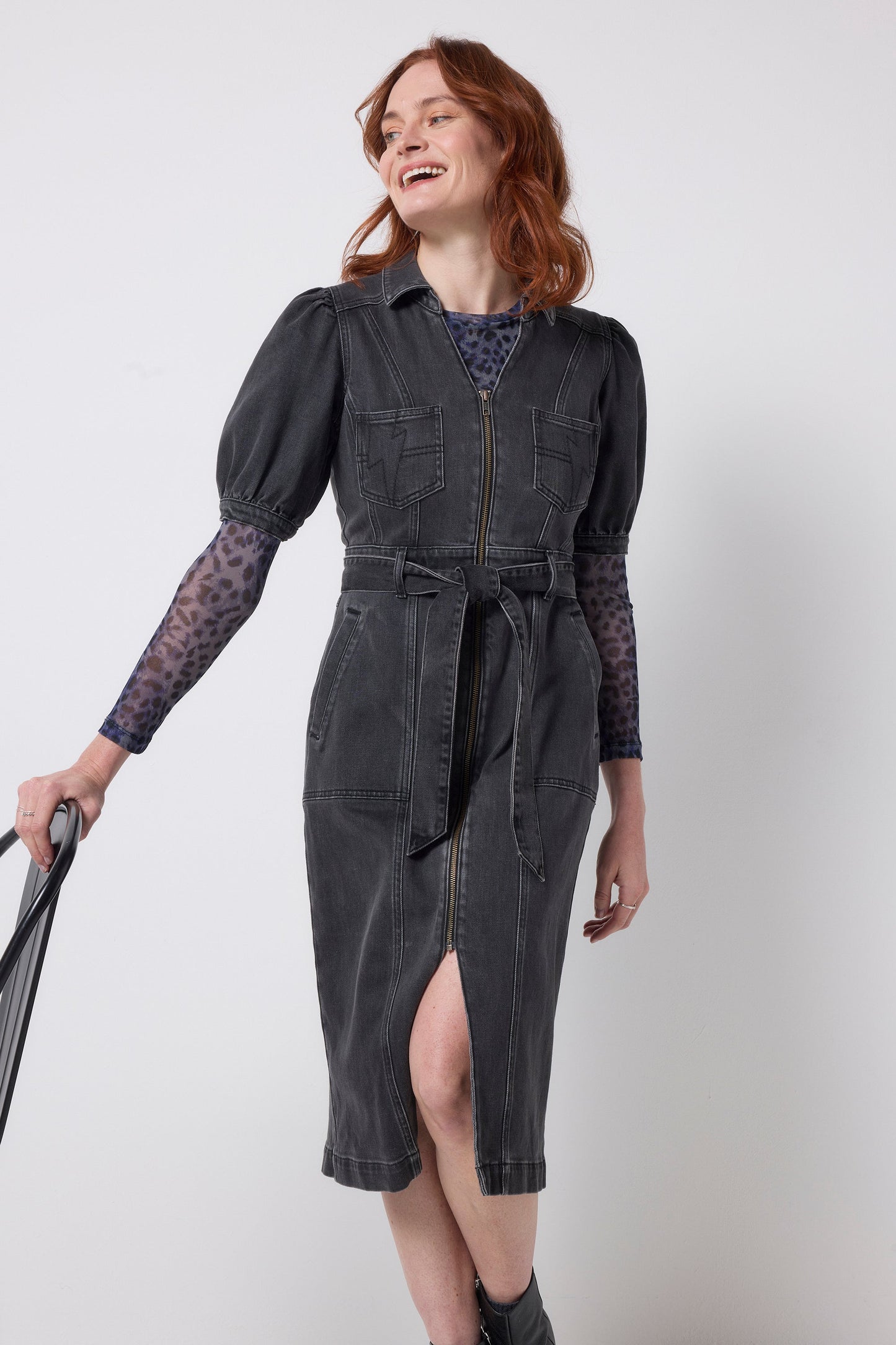 Washed Black Collared Zip Through Midi Denim Dress
