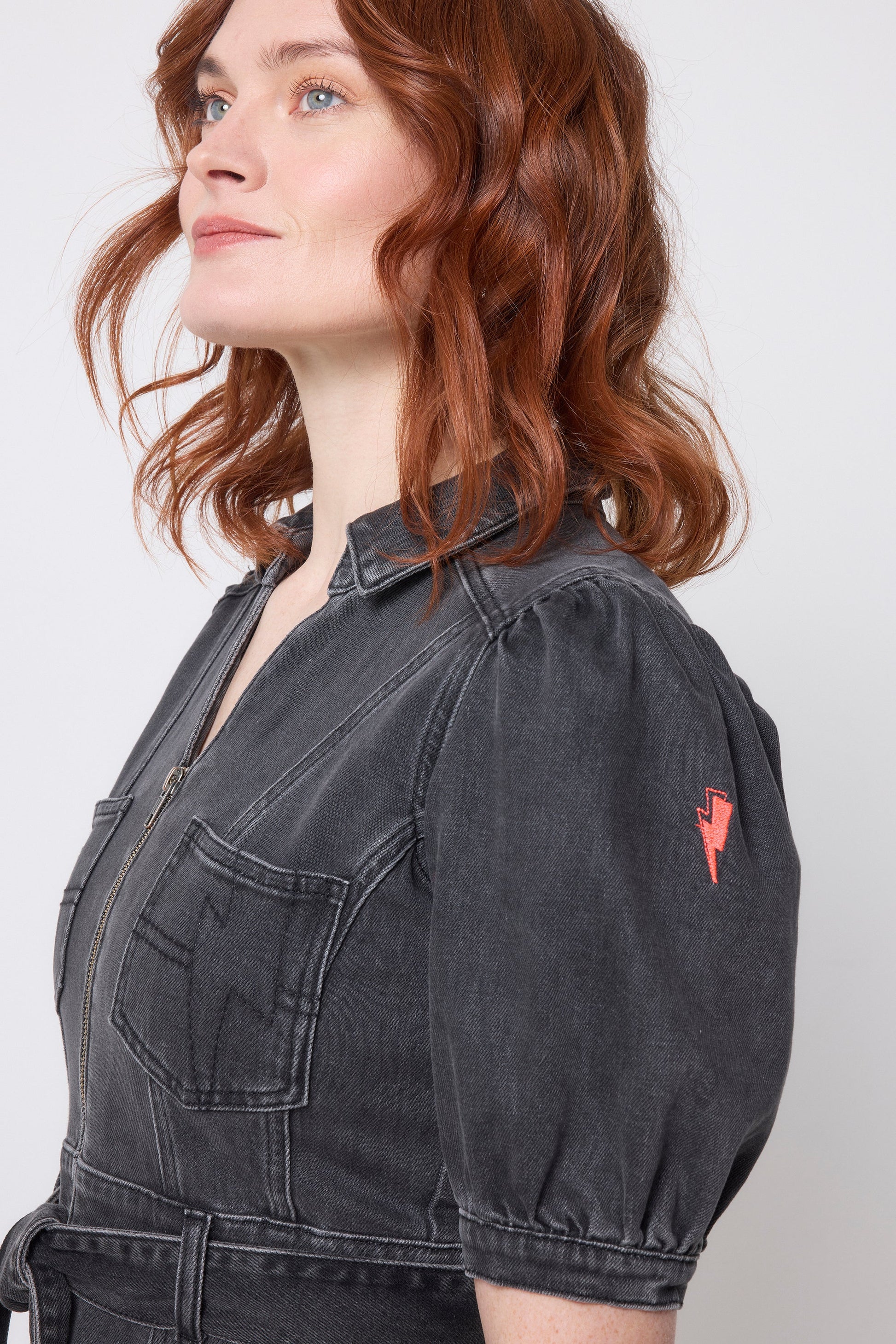 Washed Black Collared Zip Through Midi Denim Dress