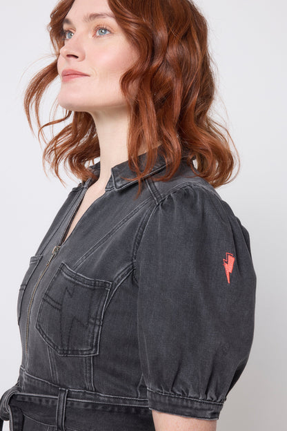 Washed Black Collared Zip Through Midi Denim Dress