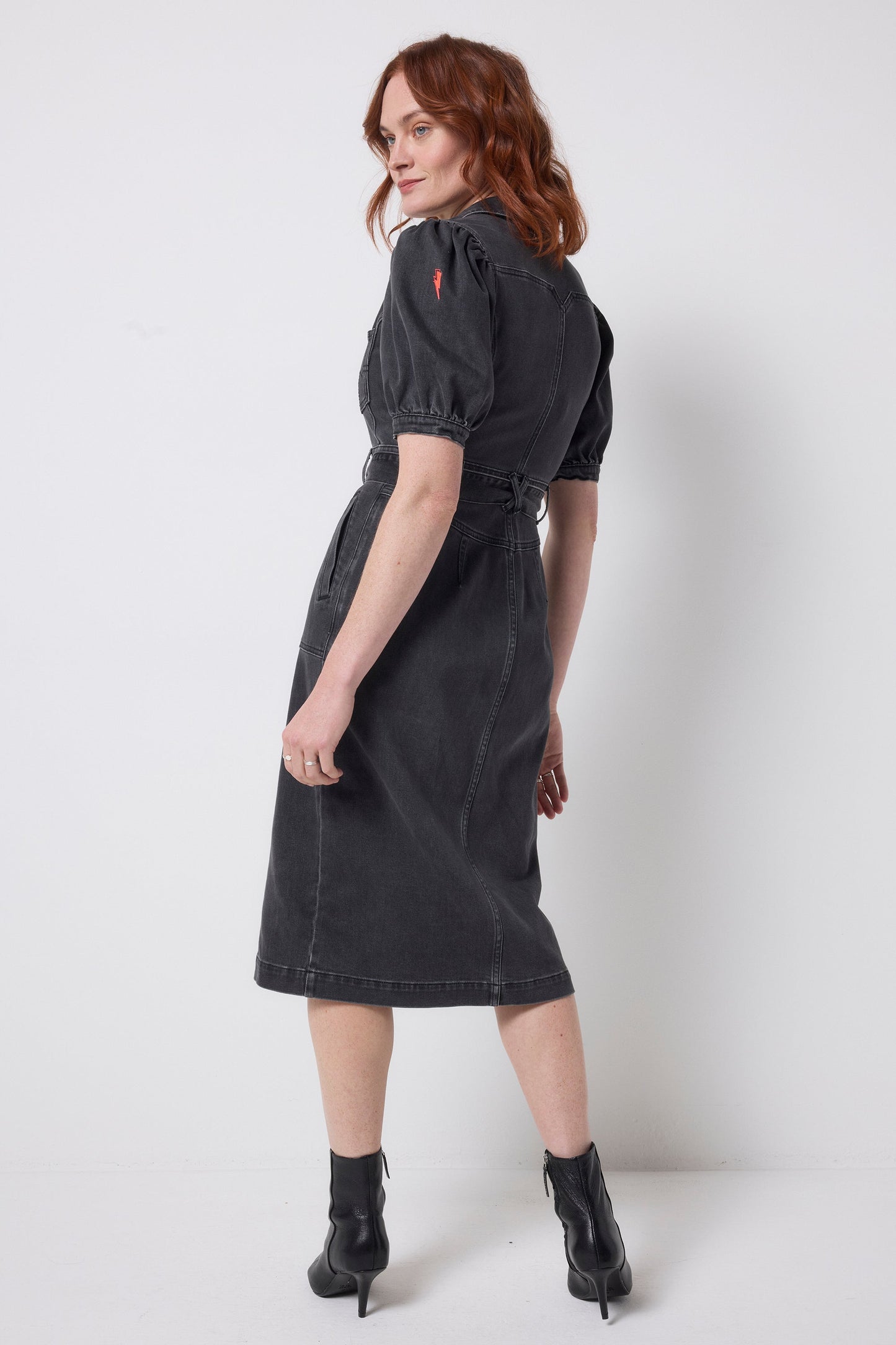 Washed Black Collared Zip Through Midi Denim Dress