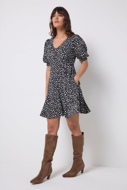 Black with White Cheetah Short Skater Dress