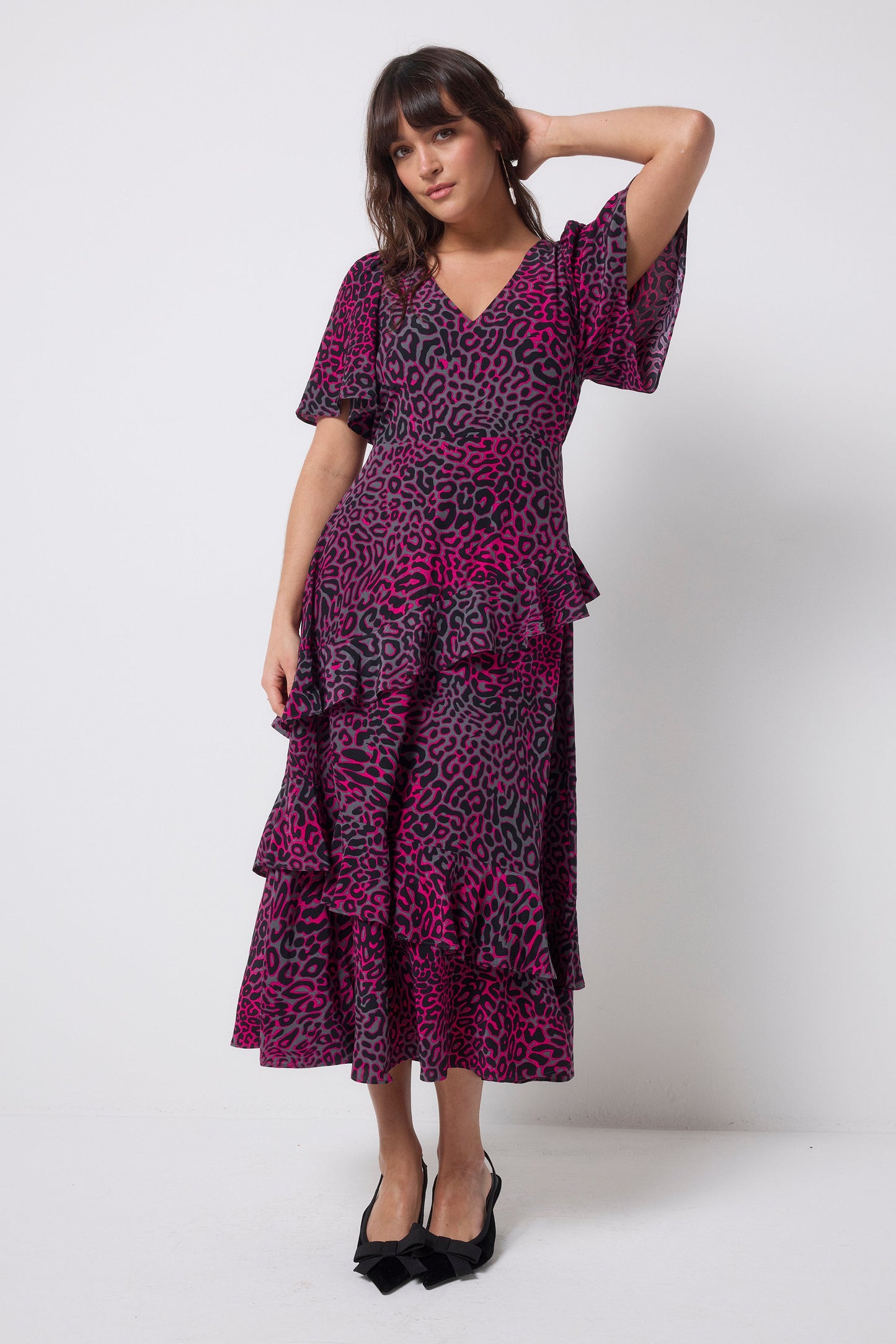 Grey with Pink Leopard Ray Ruffle Detail Midi Dress