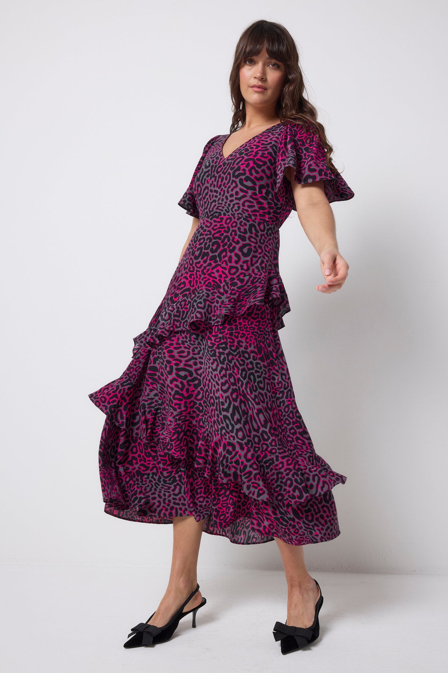 Grey with Pink Leopard Ray Ruffle Detail Midi Dress