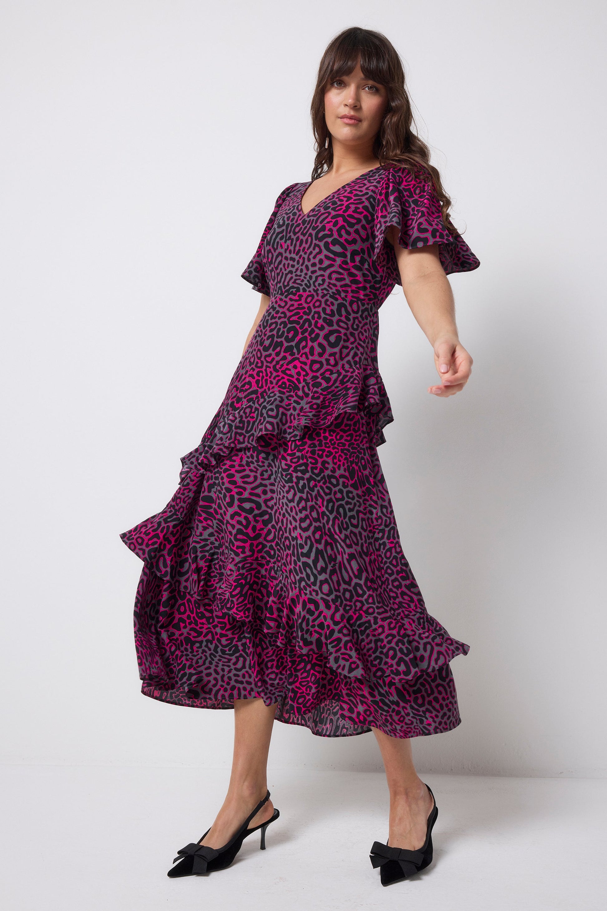 Grey with Pink Leopard Ray Ruffle Detail Midi Dress