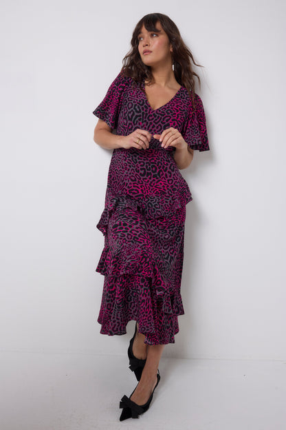 Grey with Pink Leopard Ray Ruffle Detail Midi Dress