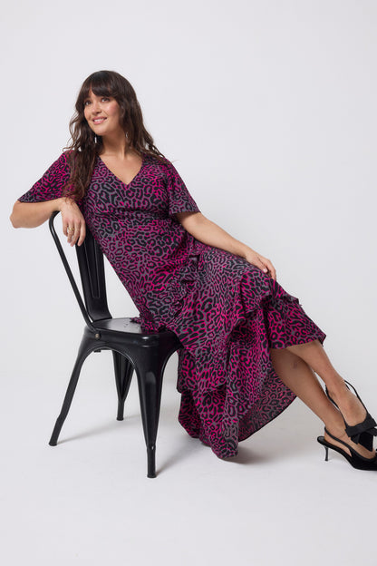 Grey with Pink Leopard Ray Ruffle Detail Midi Dress