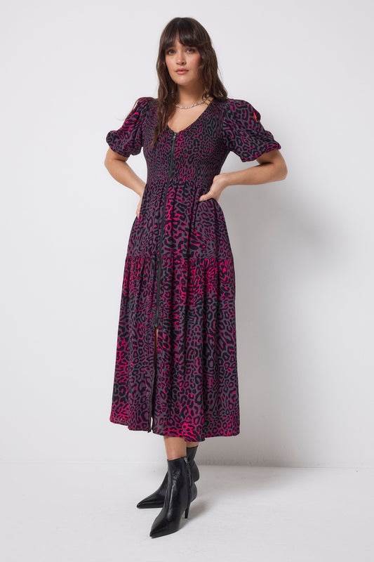 Grey with Pink Leopard Ray Shirred Zip Detail Midi Dress