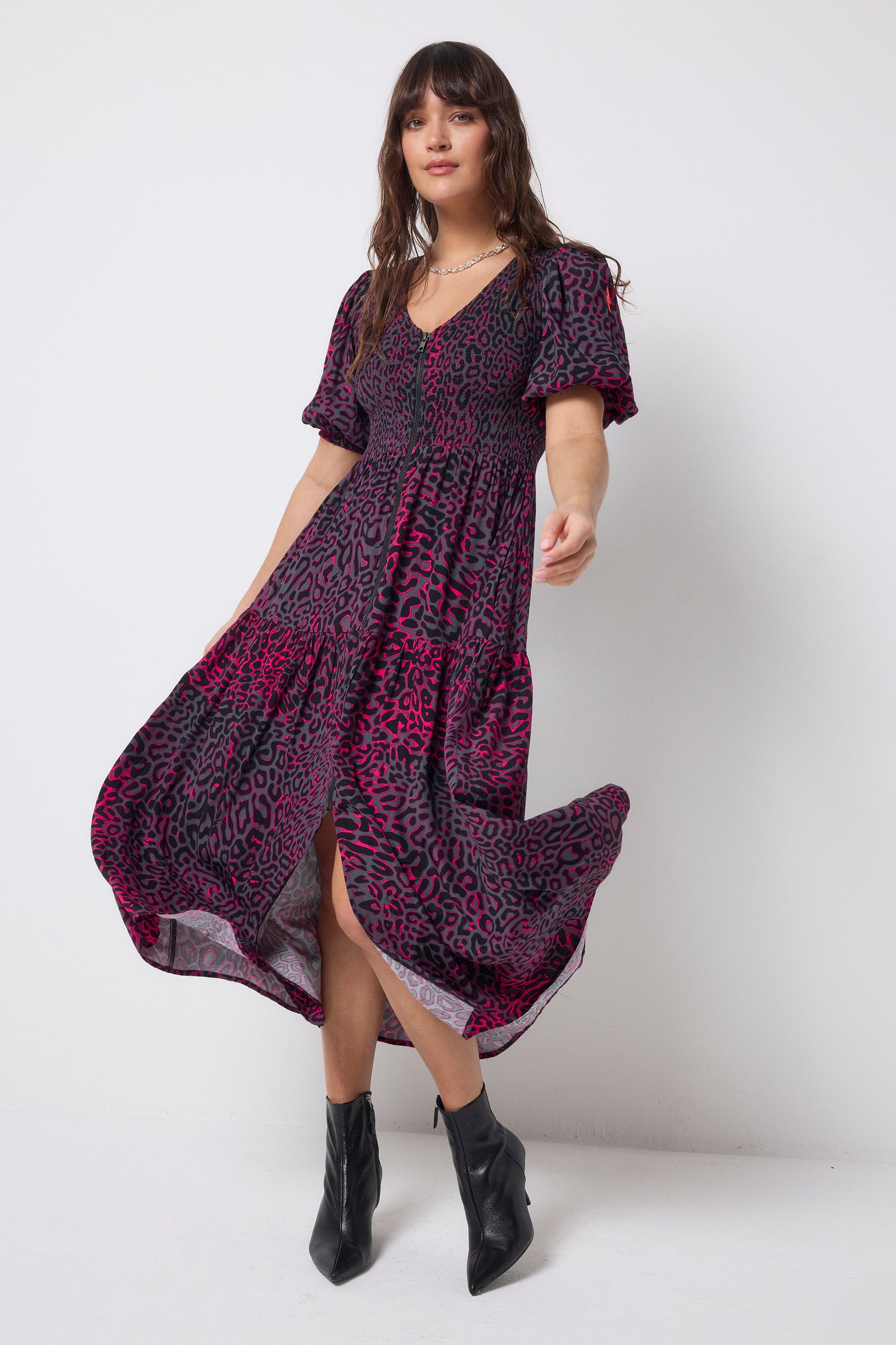 Grey with Pink Leopard Ray Shirred Zip Detail Midi Dress