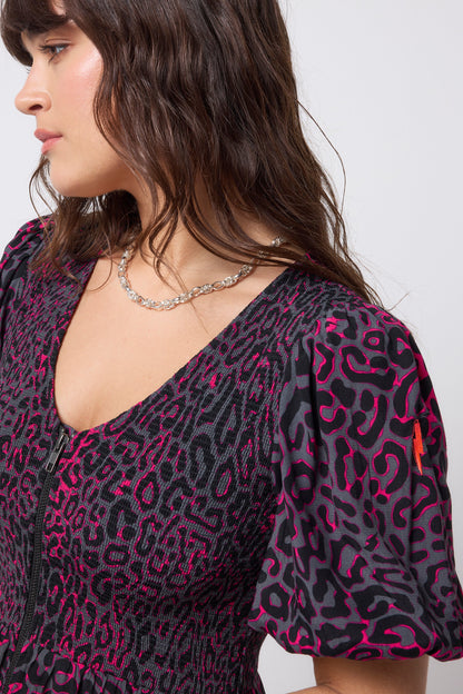 Grey with Pink Leopard Ray Shirred Zip Detail Midi Dress