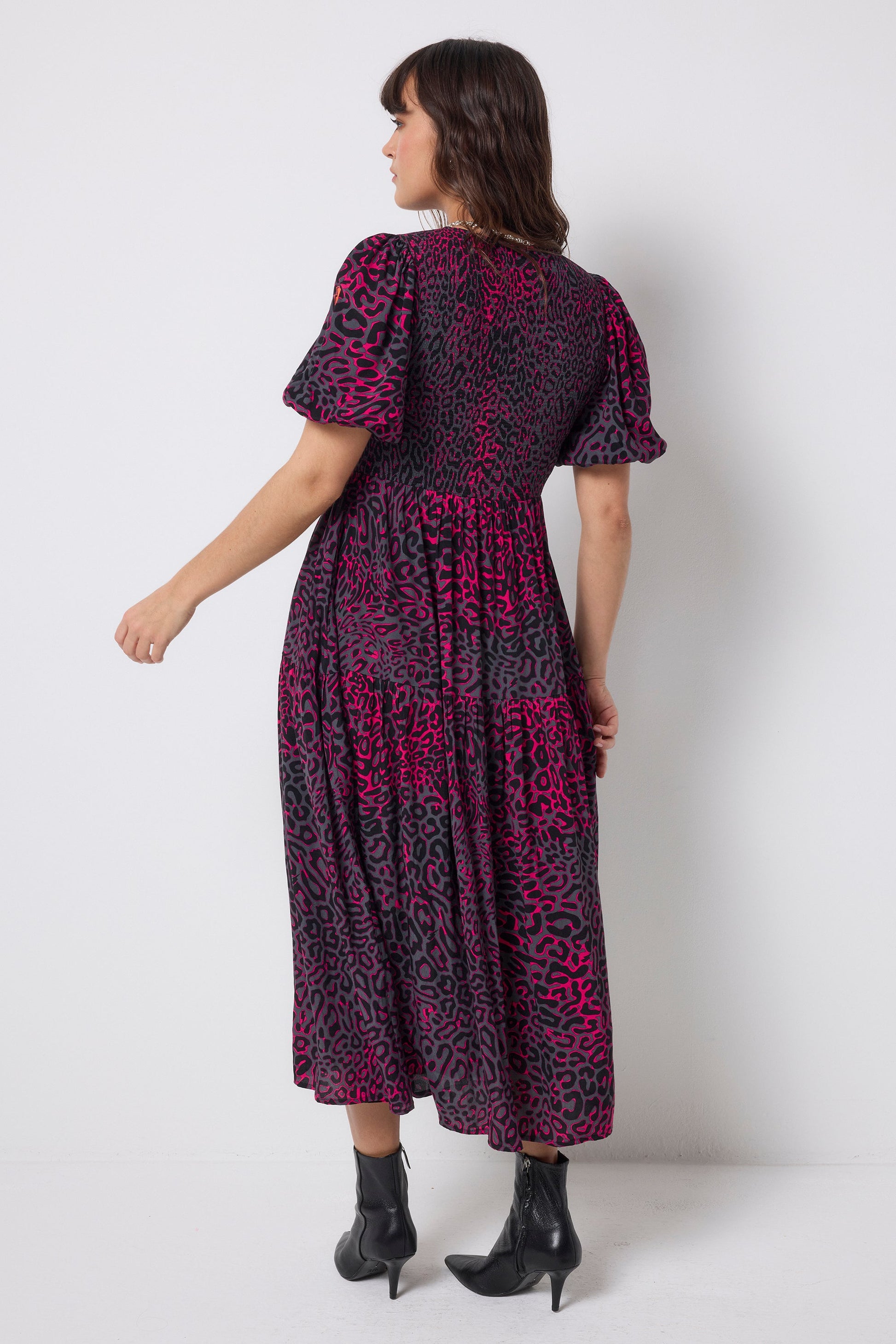 Grey with Pink Leopard Ray Shirred Zip Detail Midi Dress
