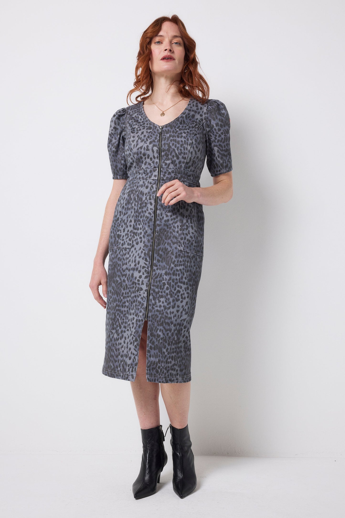 Washed Navy Wild Cheetah Denim Zip Front Midi Dress