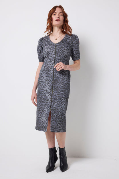 Washed Navy Wild Cheetah Denim Zip Front Midi Dress