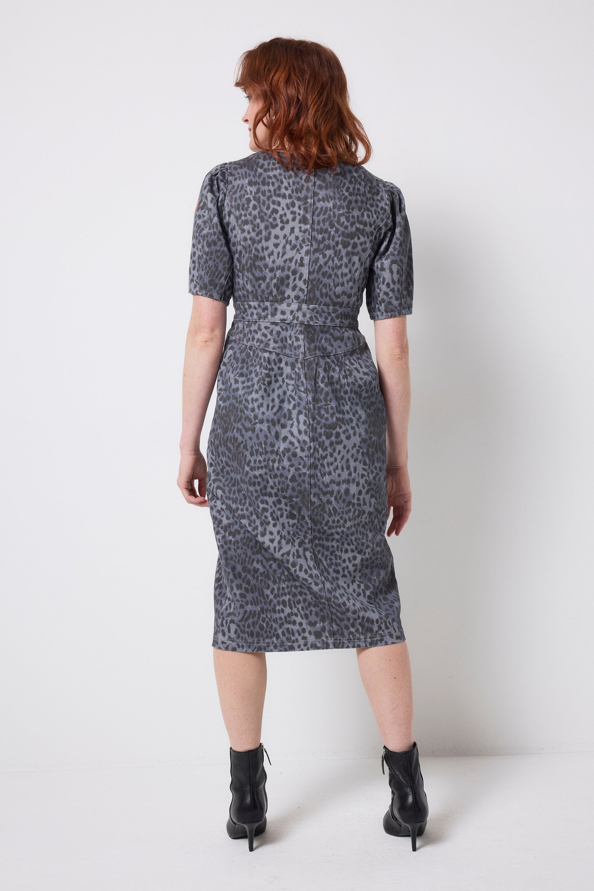 Washed Navy Wild Cheetah Denim Zip Front Midi Dress