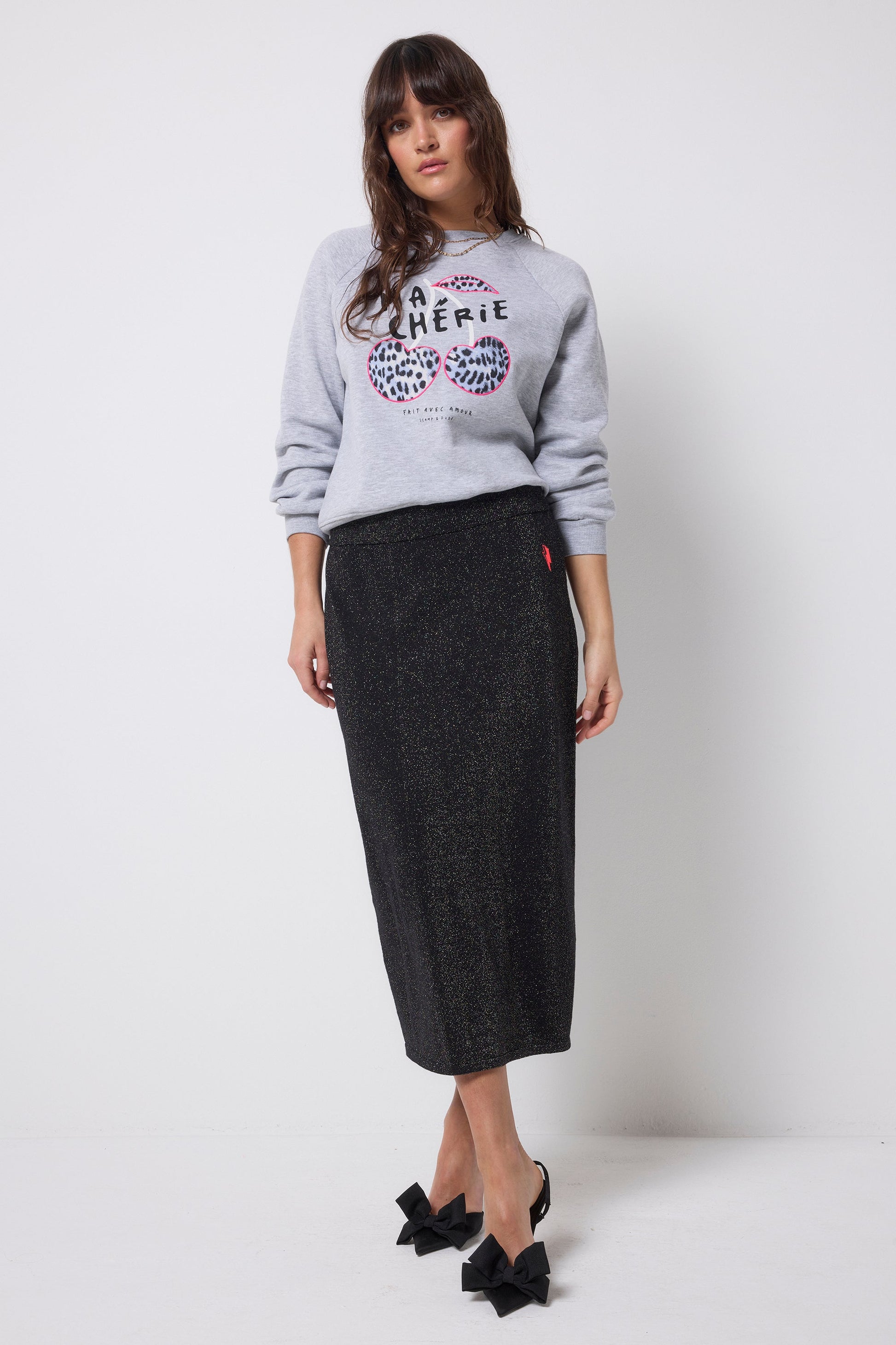 Black with Rainbow Metallic Knit Midi Skirt