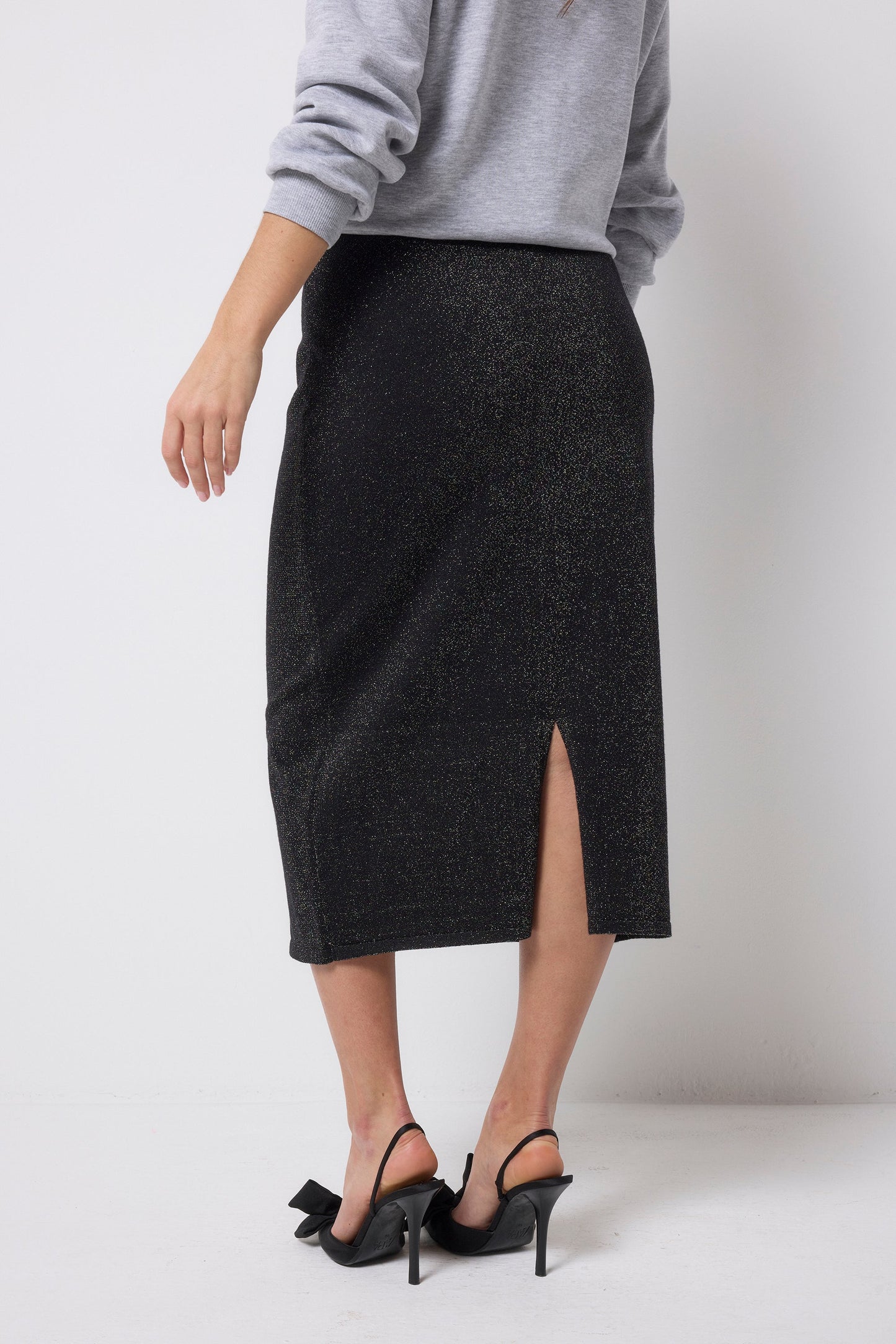 Black with Rainbow Metallic Knit Midi Skirt