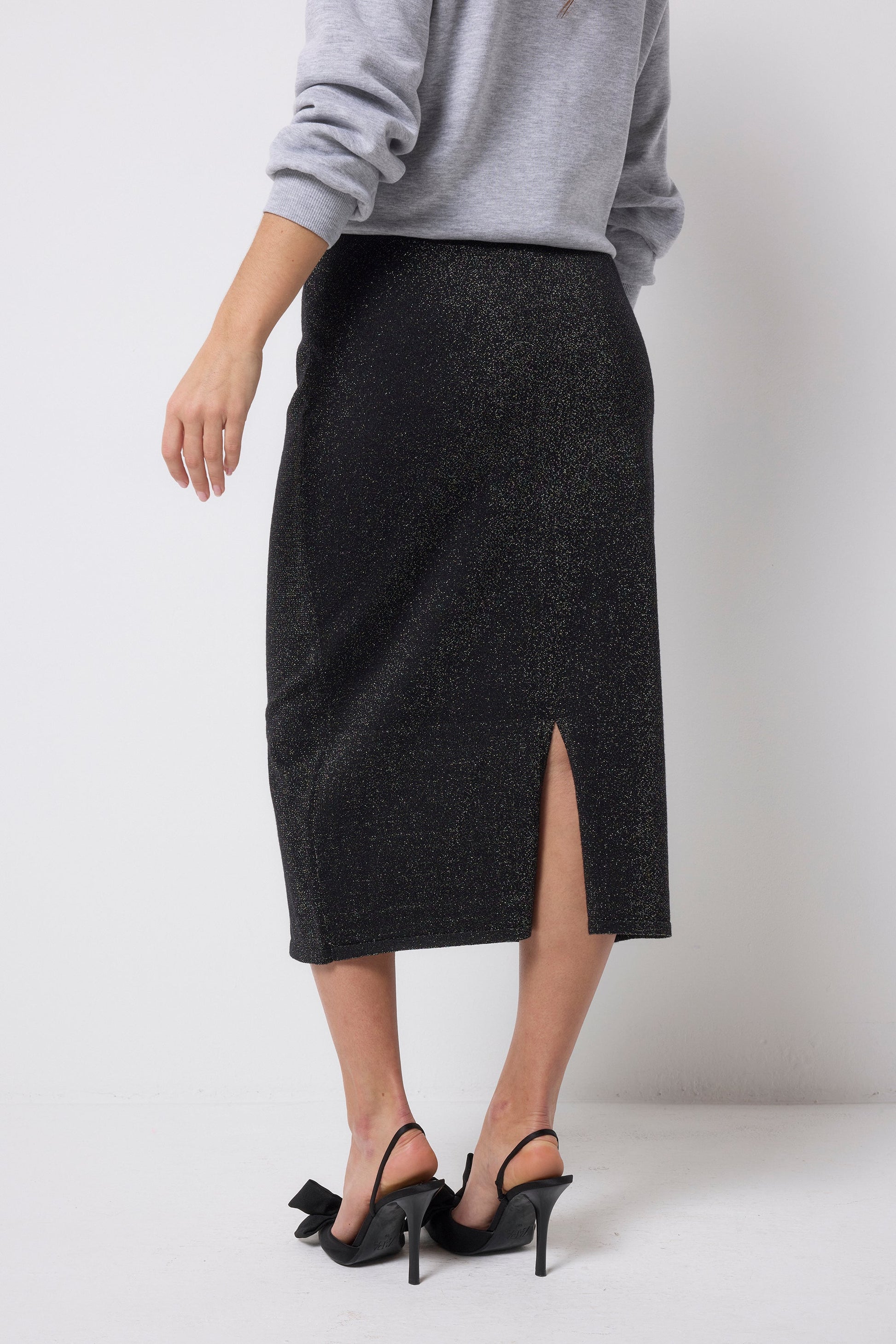 Black with Rainbow Metallic Knit Midi Skirt
