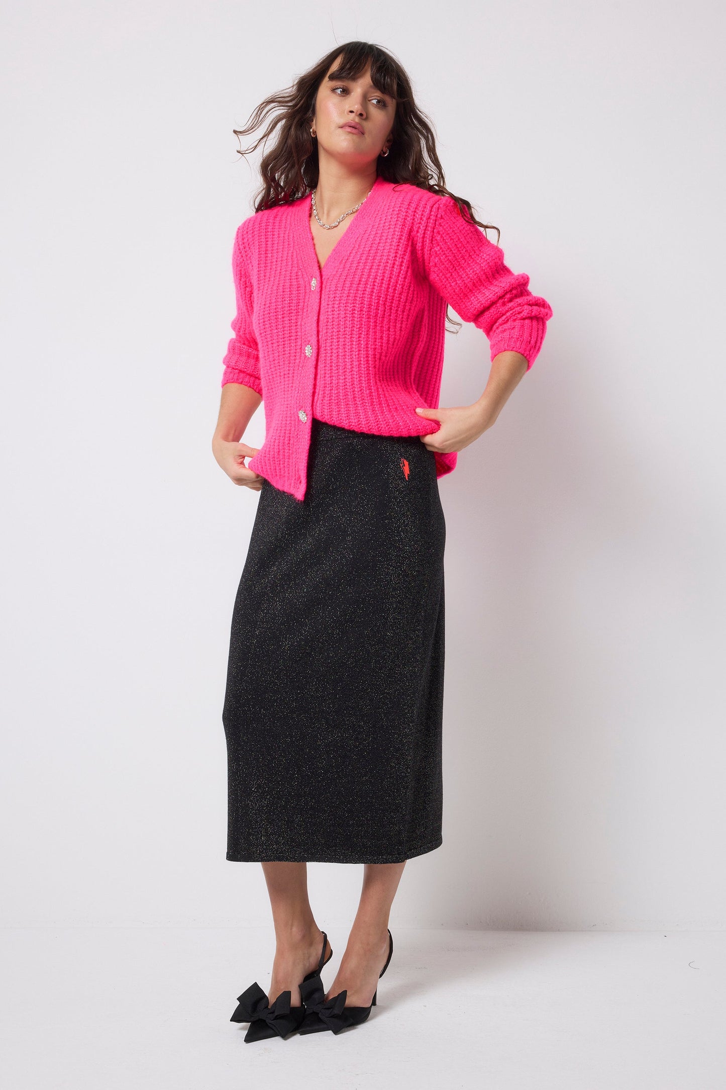 Black with Rainbow Metallic Knit Midi Skirt
