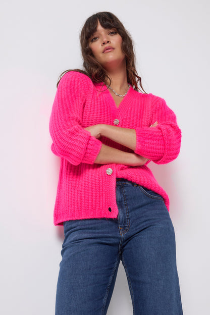 Neon Pink Button Through Cardigan