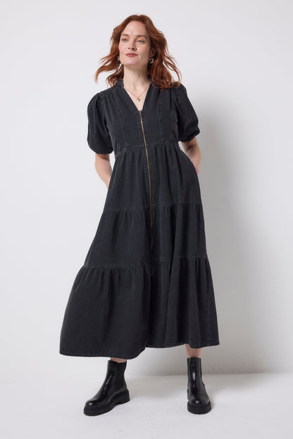 Washed Black Denim Zip Front Midi Tiered Dress