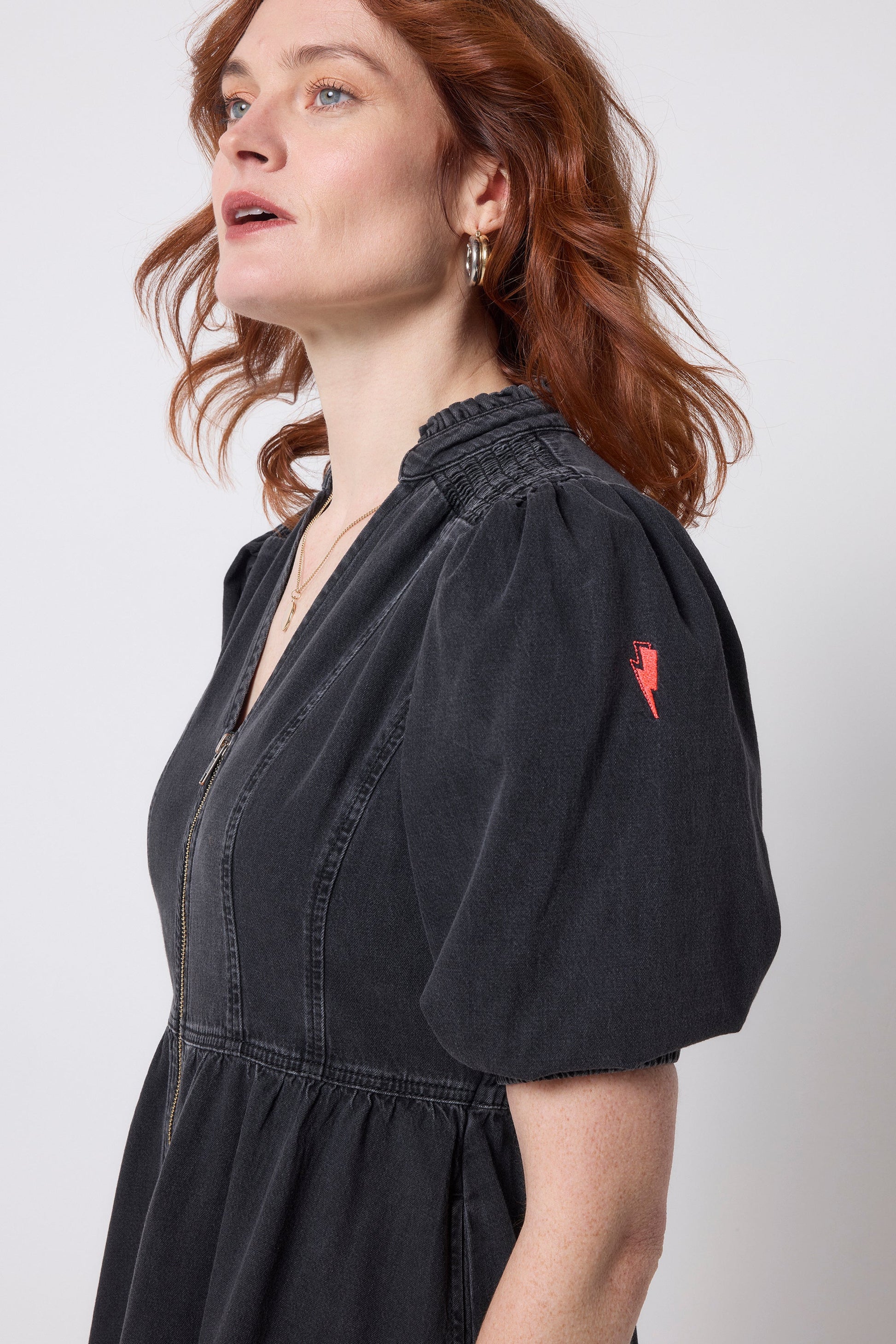 Washed Black Denim Zip Front Midi Tiered Dress