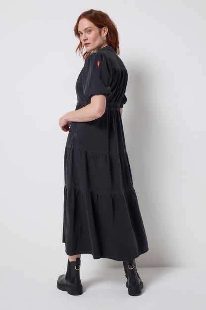 Washed Black Denim Zip Front Midi Tiered Dress