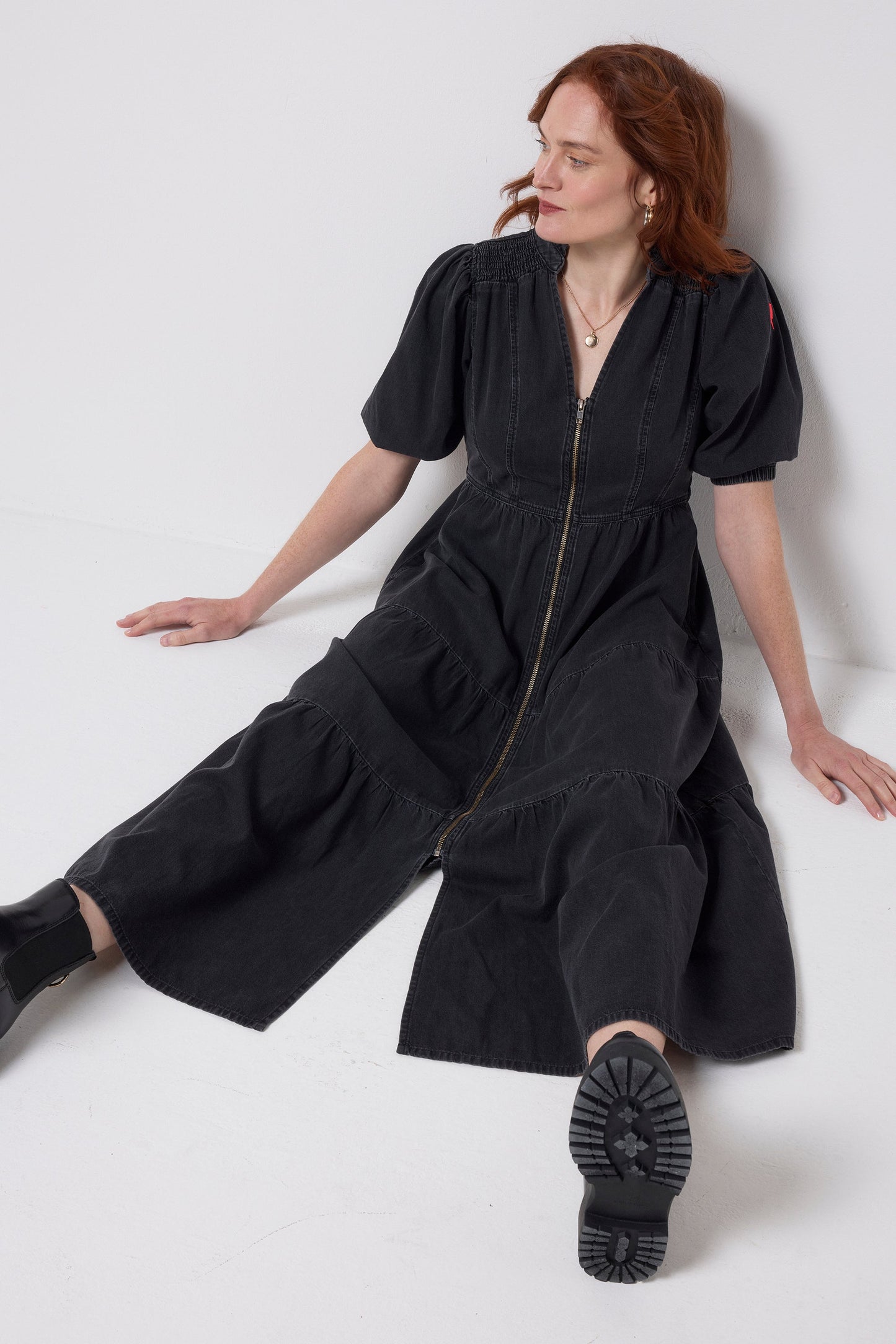 Washed Black Denim Zip Front Midi Tiered Dress