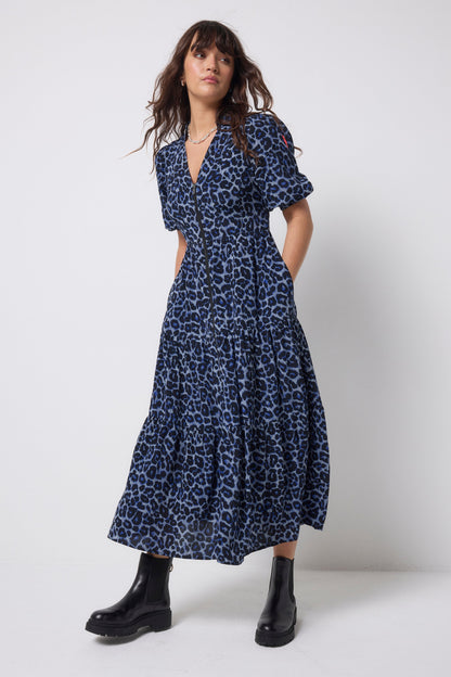 Navy Jaguar Zip Front Midi Tiered Dress
