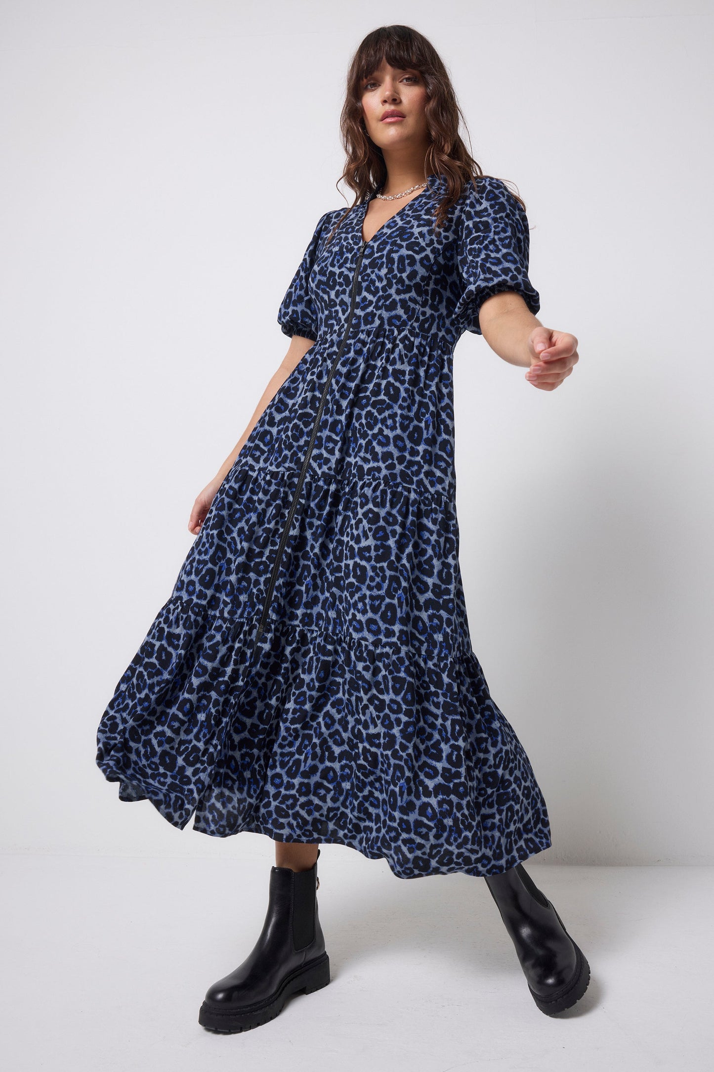 Navy Jaguar Zip Front Midi Tiered Dress