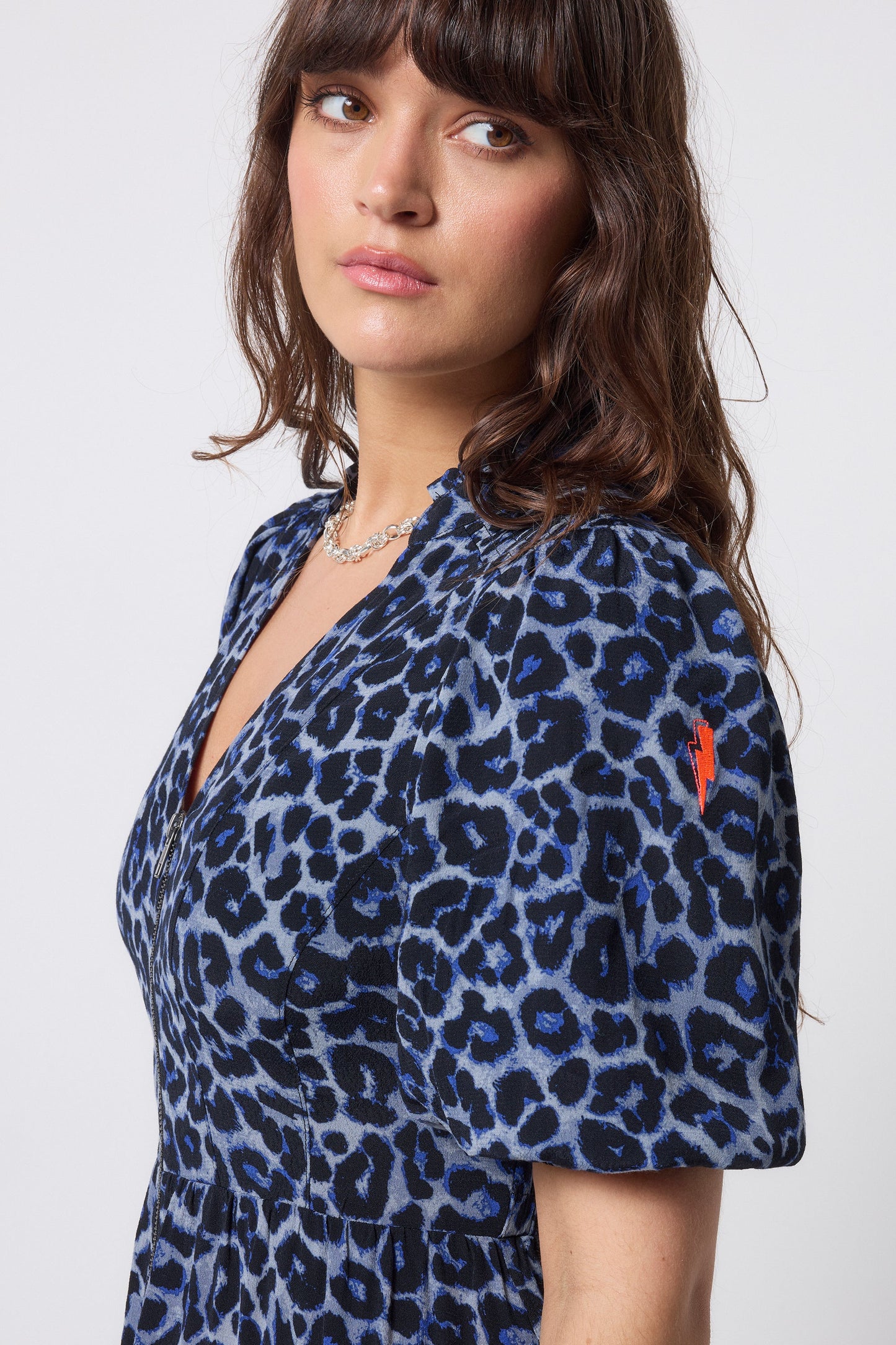 Navy Jaguar Zip Front Midi Tiered Dress