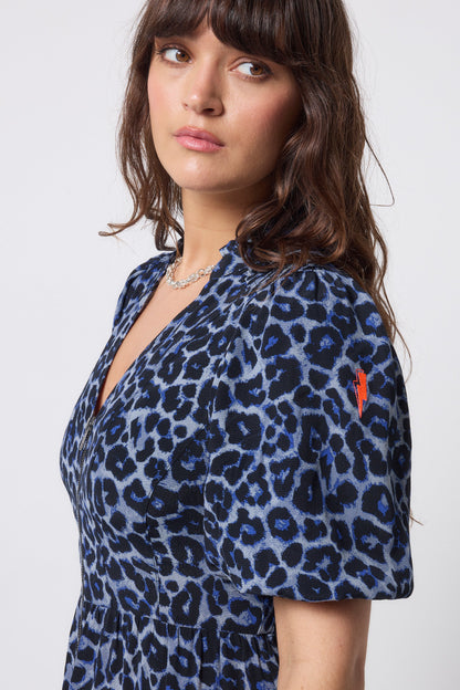 Navy Jaguar Zip Front Midi Tiered Dress