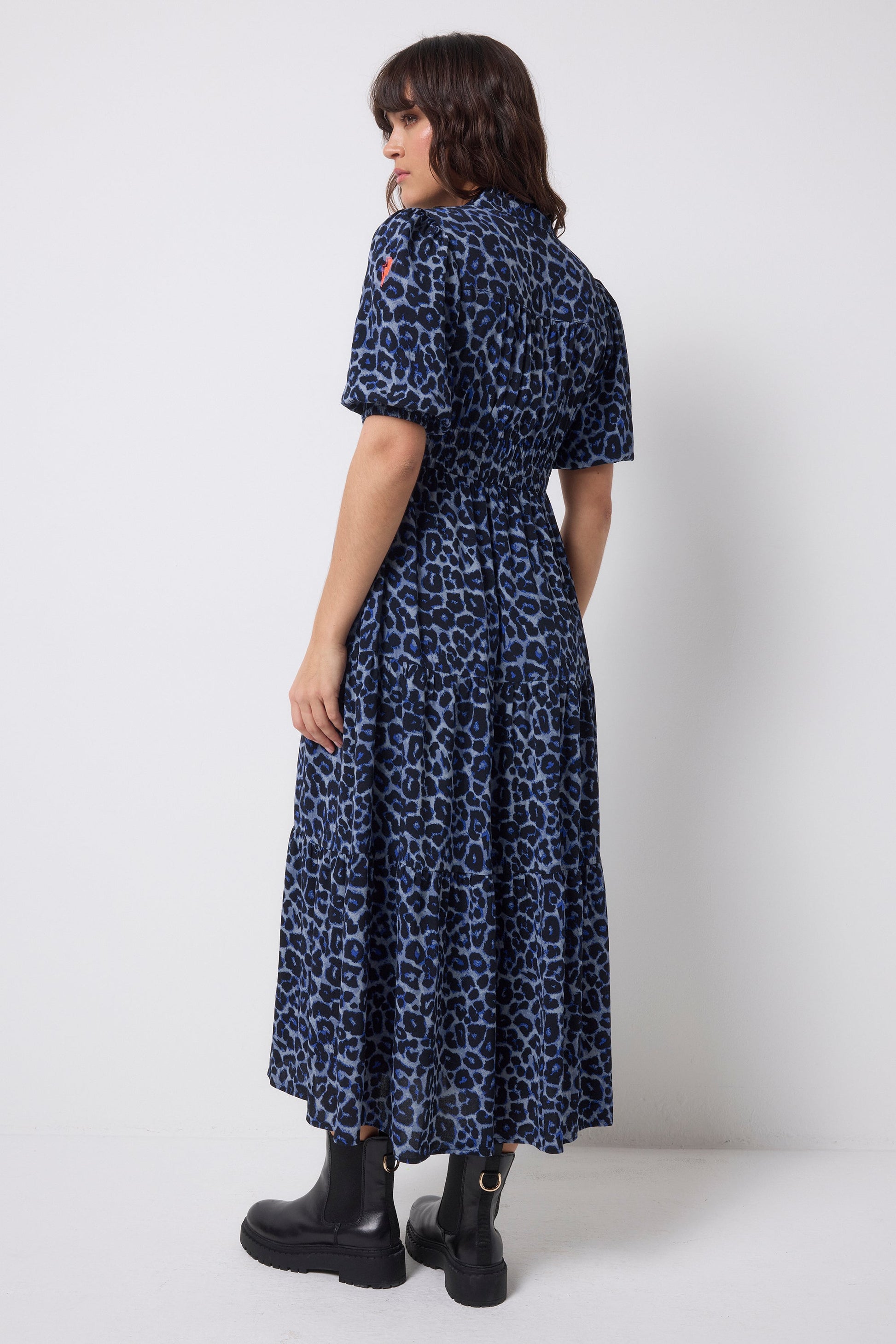 Navy Jaguar Zip Front Midi Tiered Dress