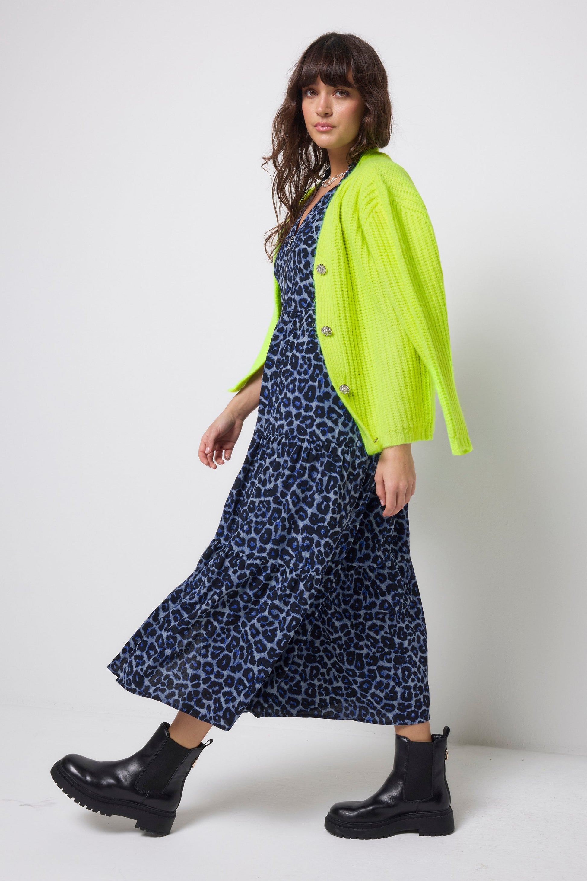 Navy Jaguar Zip Front Midi Tiered Dress