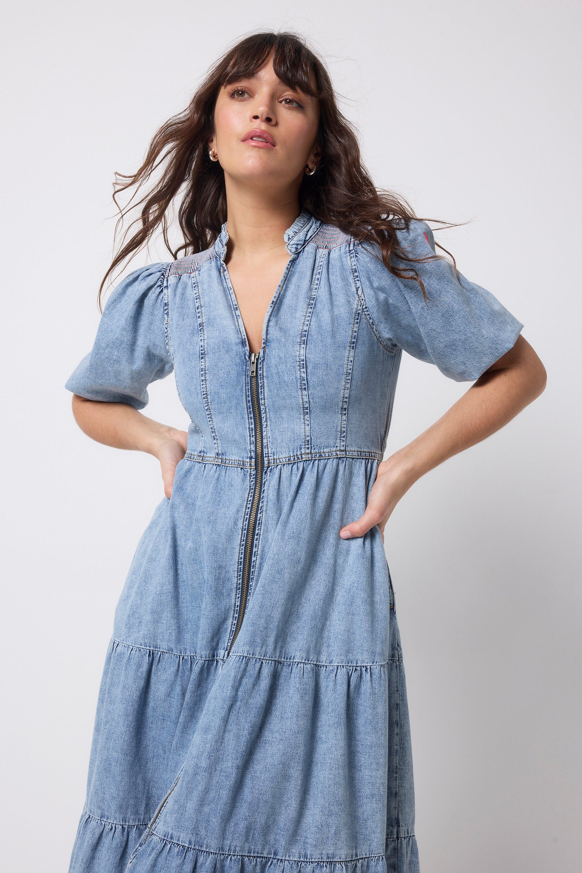 Pale Indigo Zip Detail Tiered Midi Denim Dress