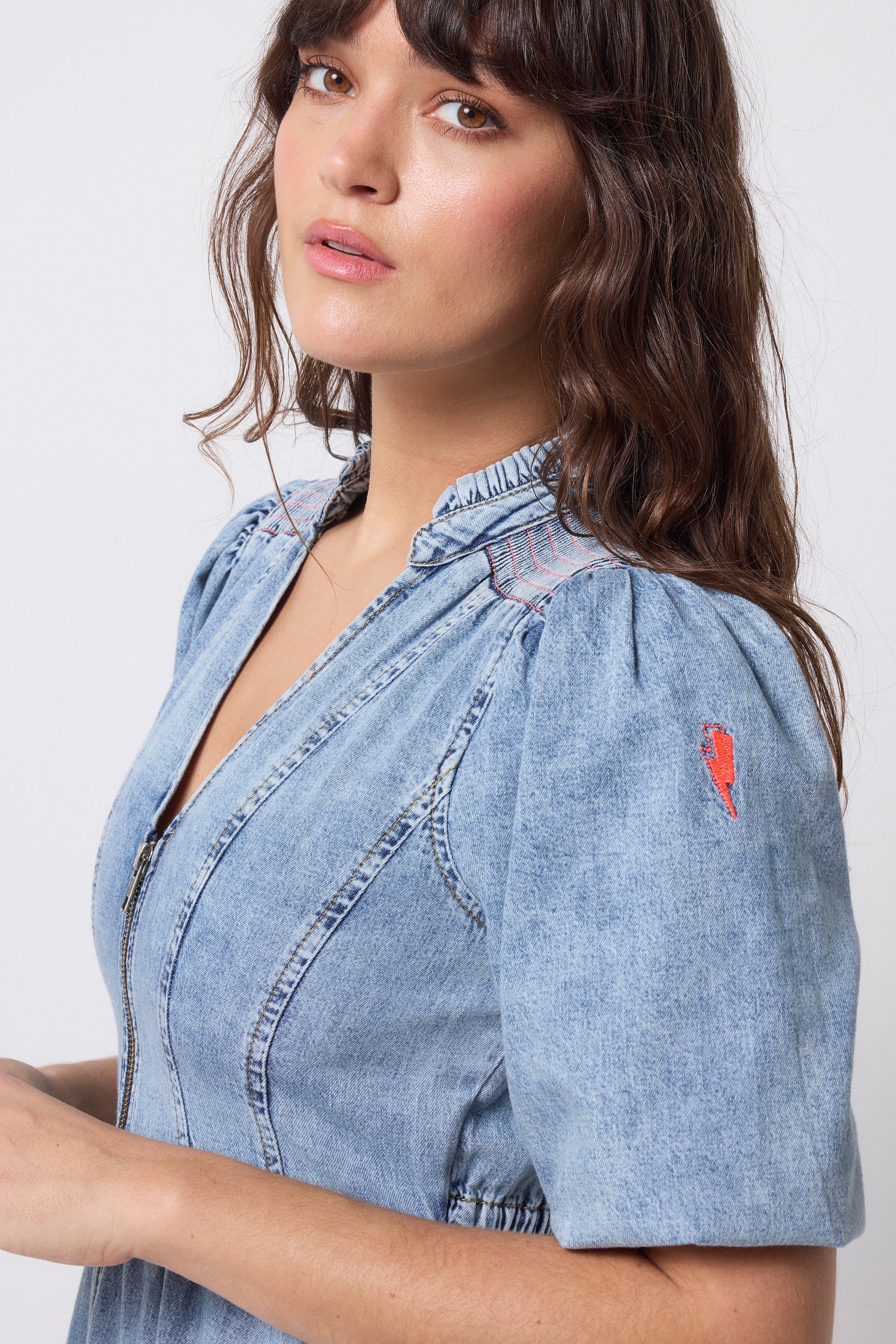 Pale Indigo Zip Detail Tiered Midi Denim Dress