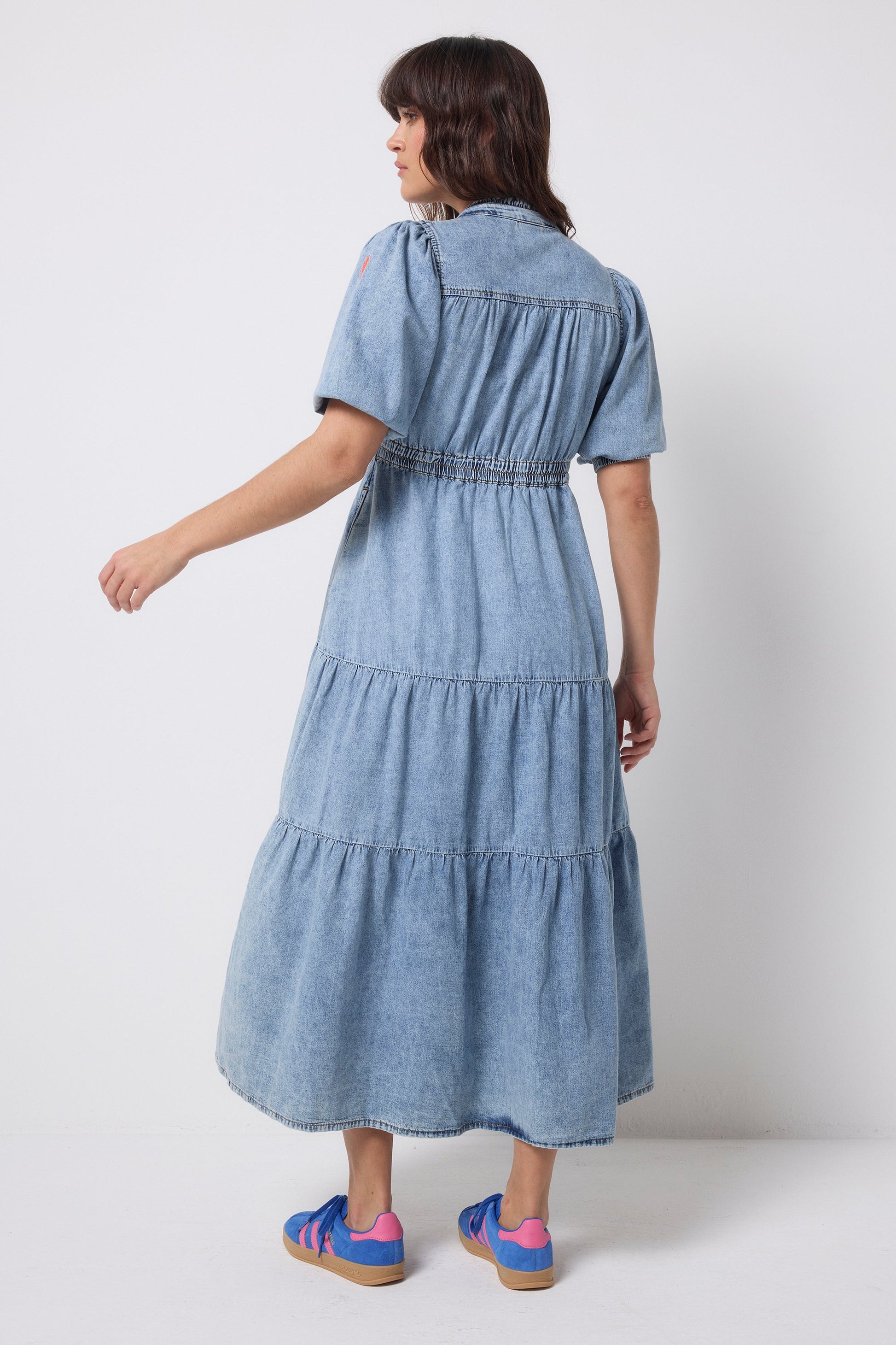 Pale Indigo Zip Detail Tiered Midi Denim Dress