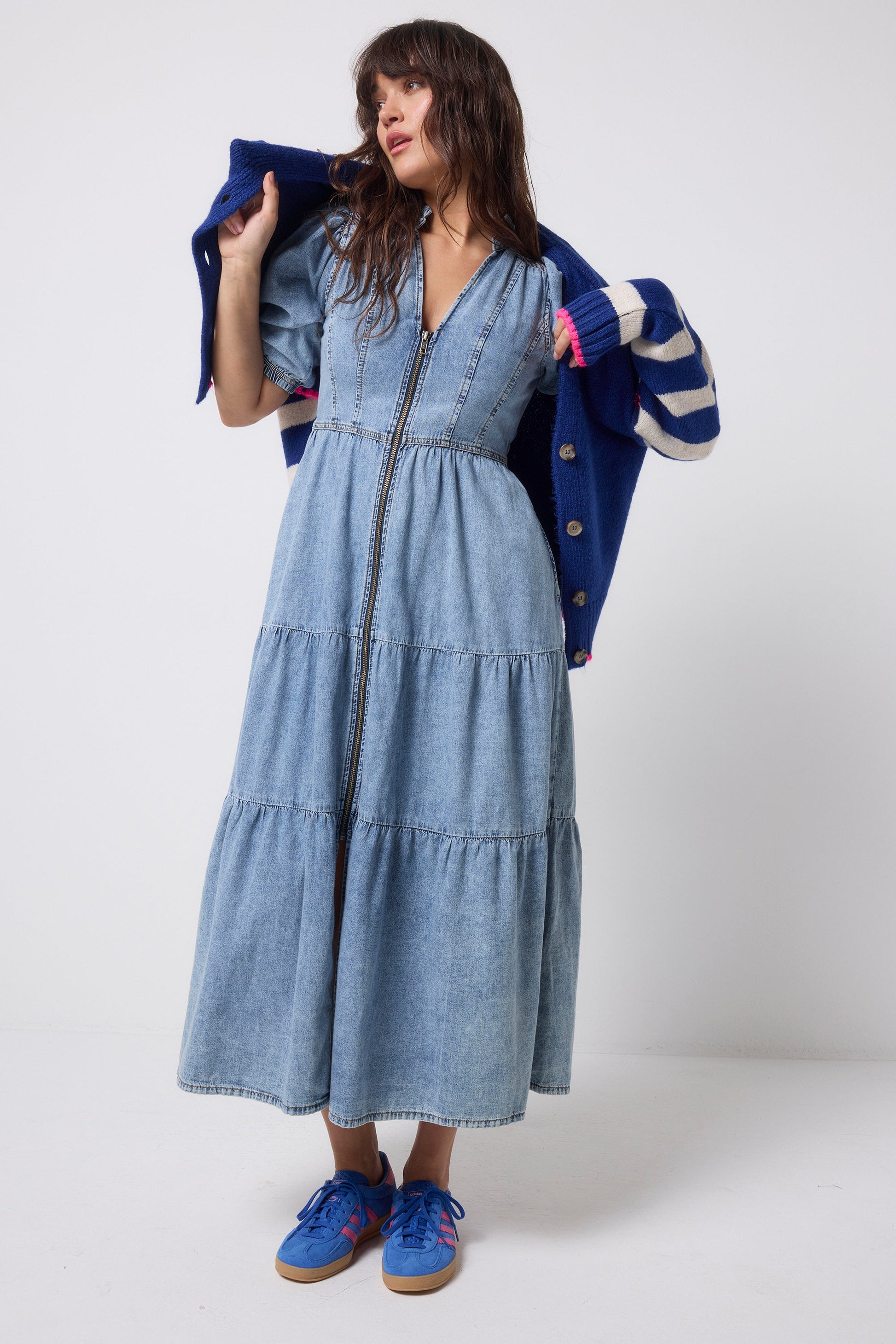 Pale Indigo Zip Detail Tiered Midi Denim Dress