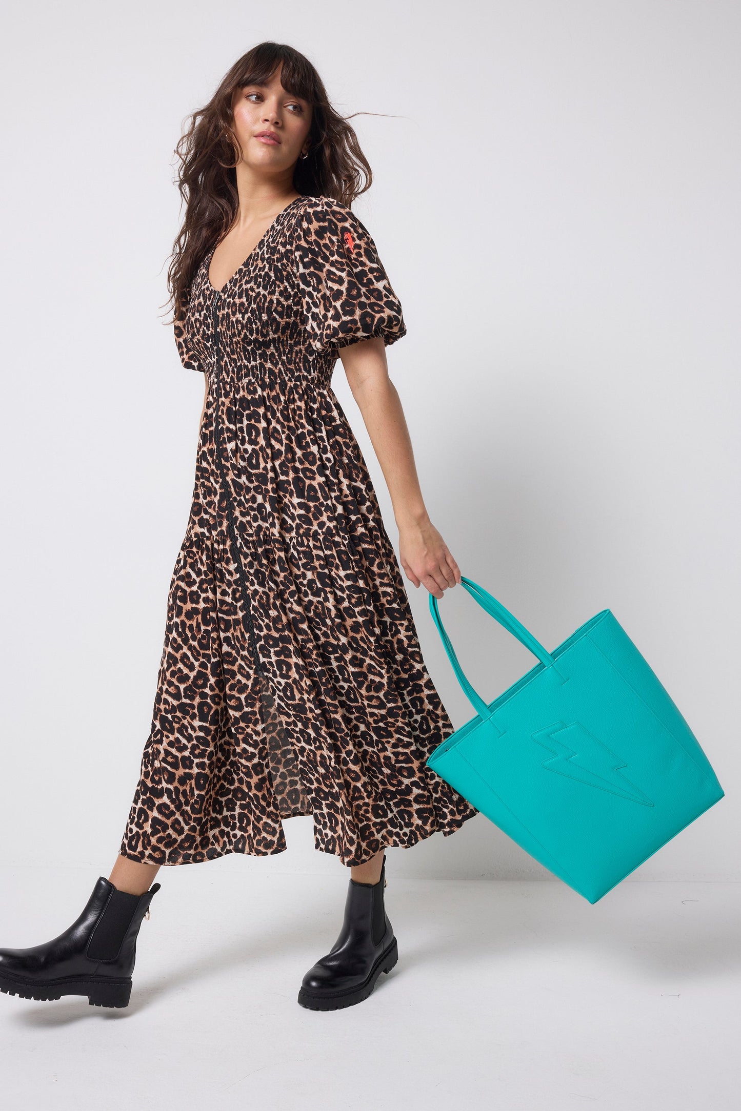 Neutral Jaguar Shirred Zip Detail Midi Dress