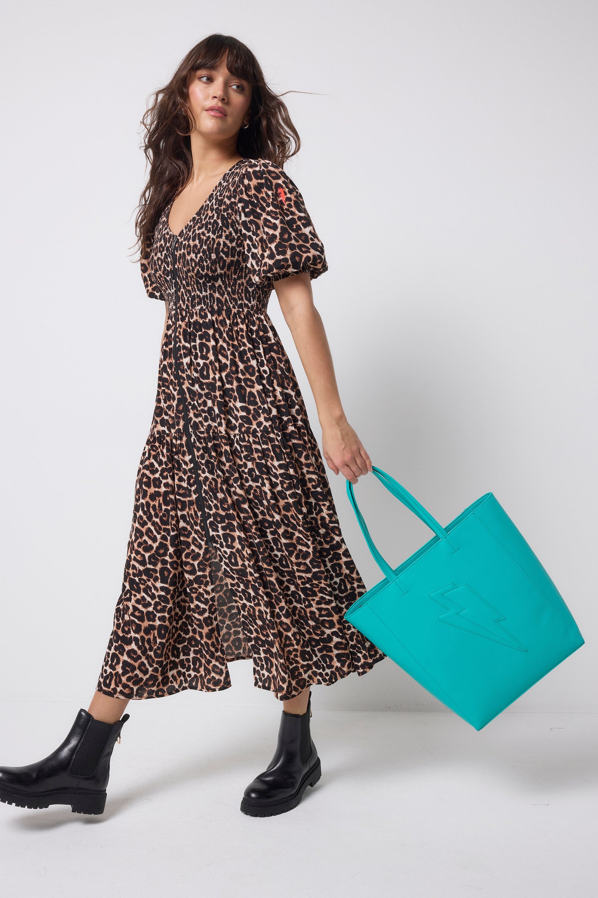 Neutral Jaguar Shirred Zip Detail Midi Dress