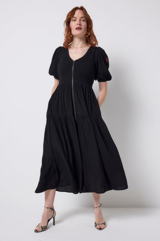 Black Shirred Zip Detail Midi Dress