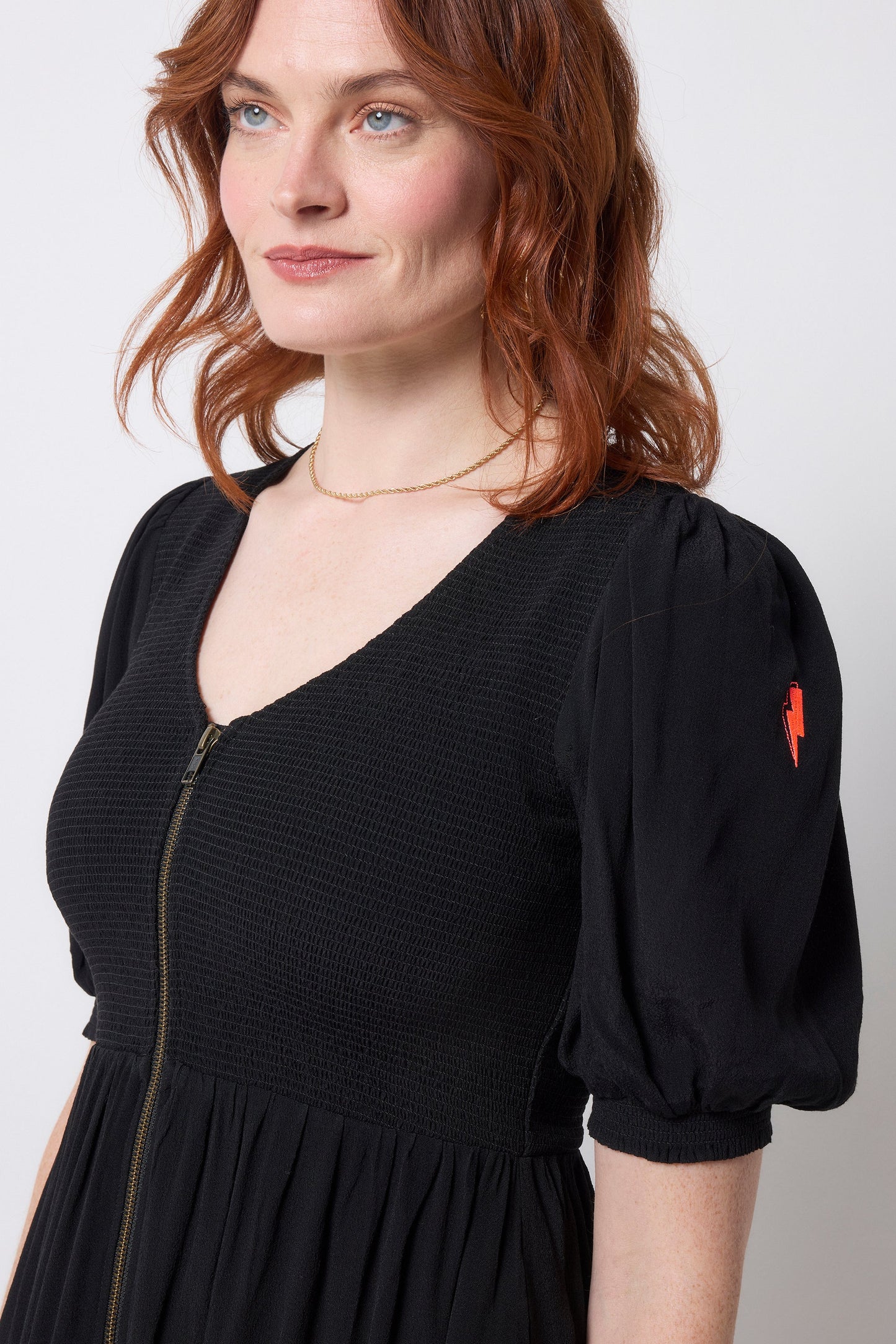 Black Shirred Zip Detail Midi Dress
