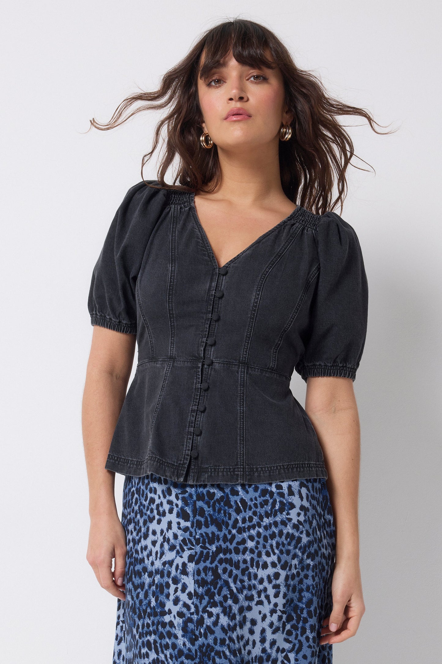 Washed Black Button Through Denim Top