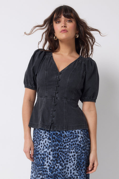 Washed Black Button Through Denim Top