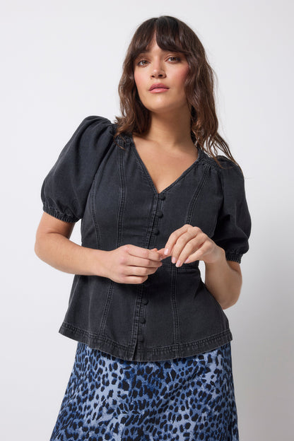 Washed Black Button Through Denim Top