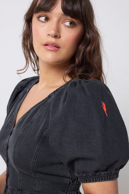 Washed Black Button Through Denim Top
