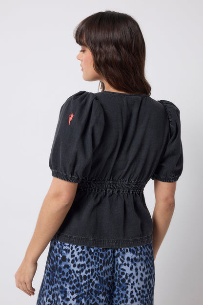 Washed Black Button Through Denim Top