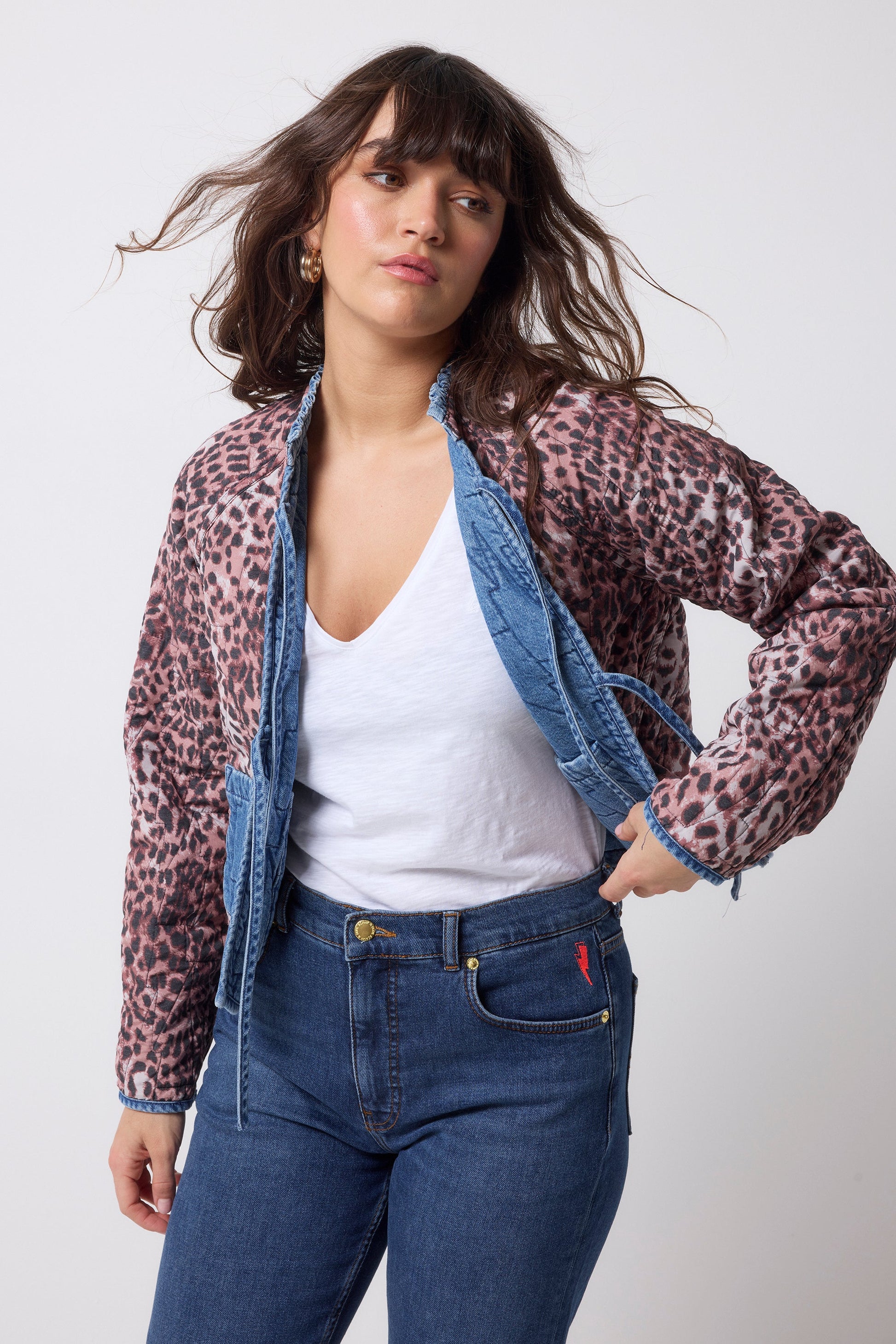 Neutral Cheetah Denim Quilted Reversible Jacket