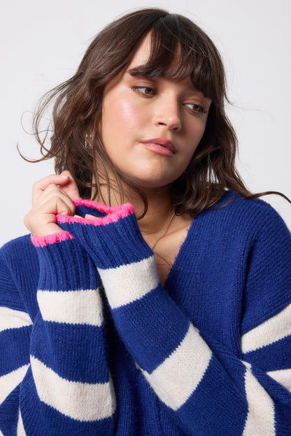 Bright Blue with Cream Stripe Cardigan