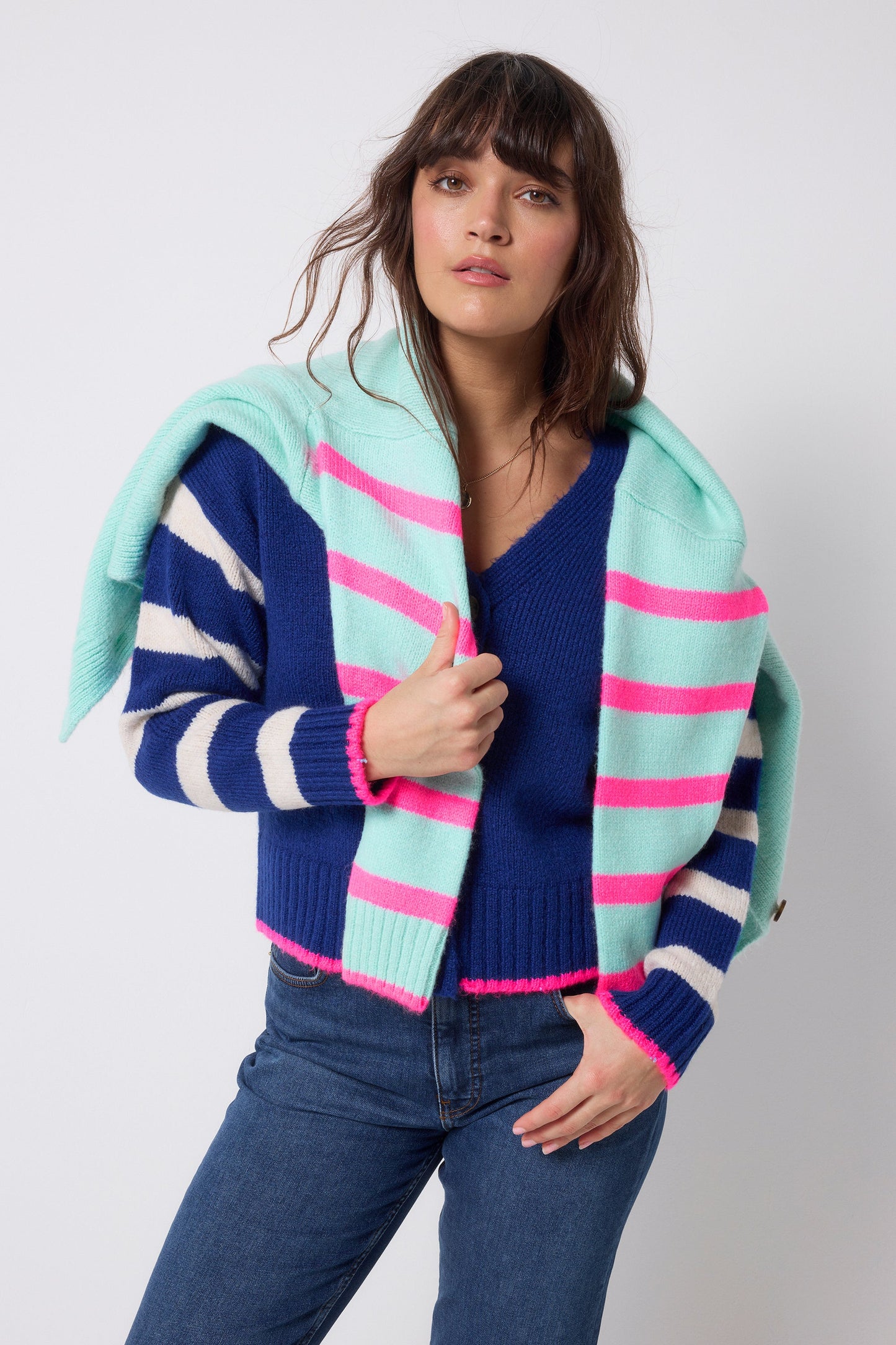 Bright Blue with Cream Stripe Cardigan