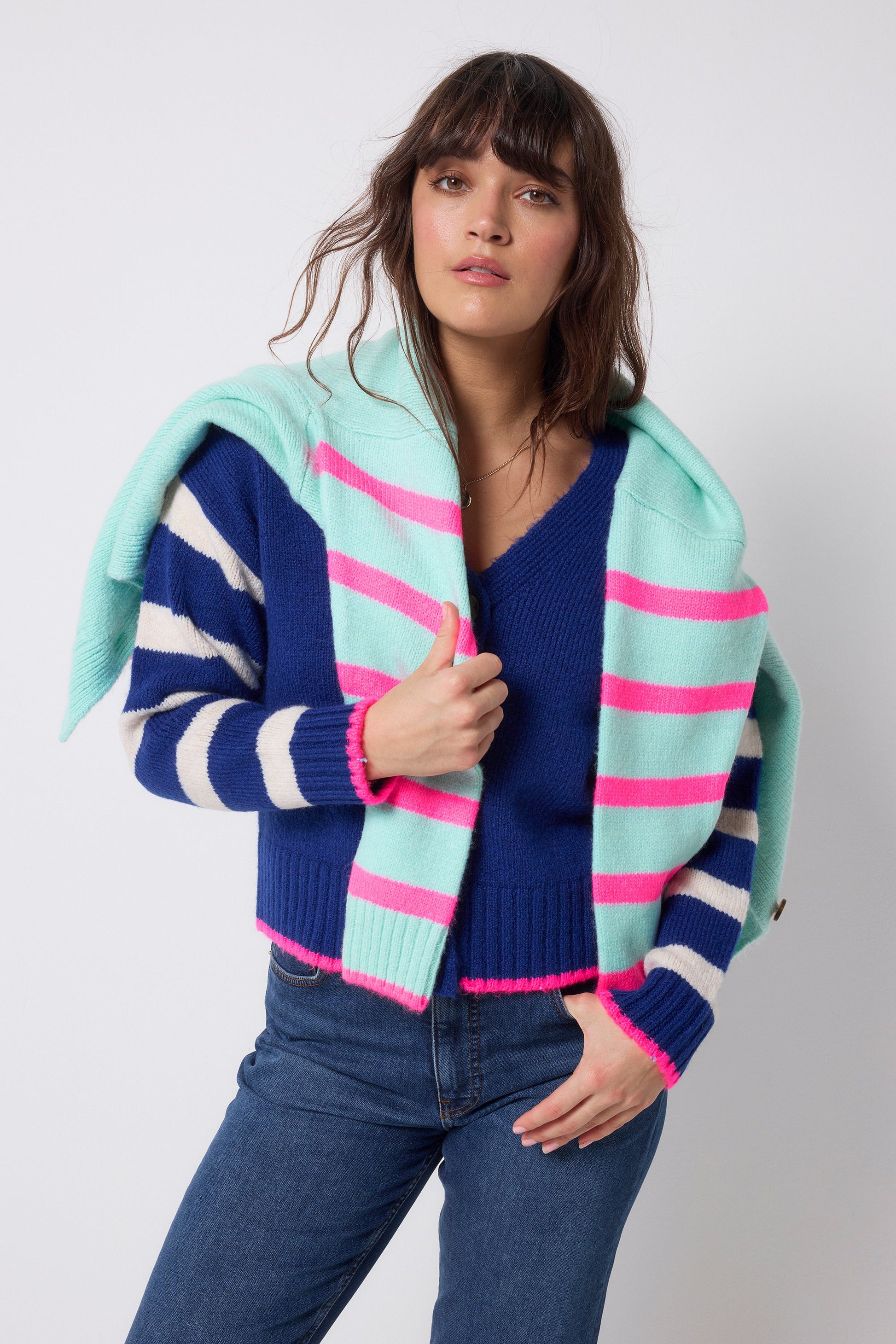 Bright Blue with Cream Stripe Cardigan